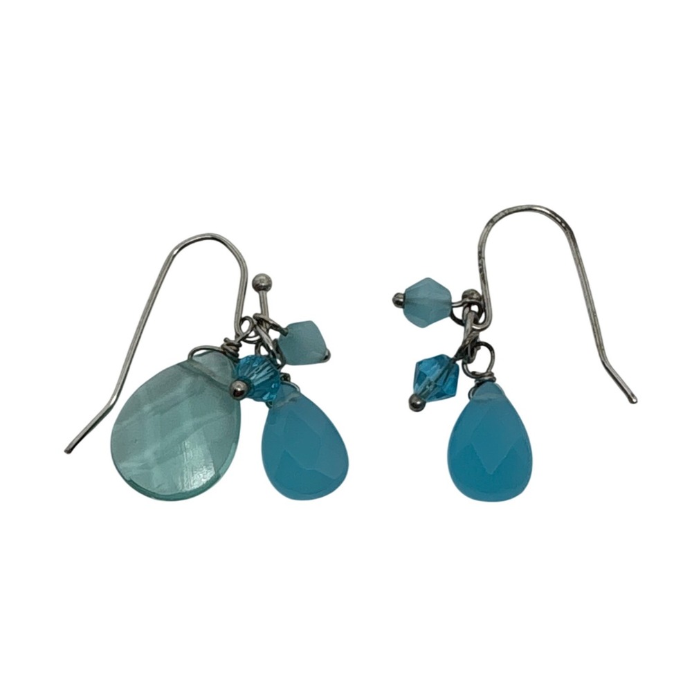 Teardrop Dangle Earrings Blue Faceted Beads Silver Tone Women's Jewelry